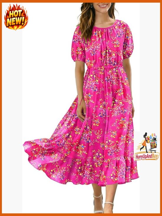 Dresses & Skirts - Boho Maxi Dress with Puff Sleeves Drawstring Waist Pockets Summer Casual